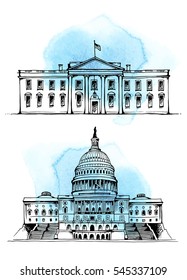 White House and Capitol Building in Washington DC, USA, vector illustration set on watercolor stains, abstract sky splashes, isolated on white background