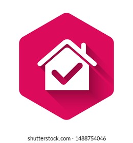 White House with check mark icon isolated with long shadow. Real estate agency or cottage town elite class. Pink hexagon button. Vector Illustration