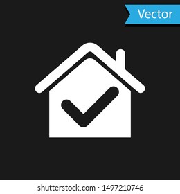 White House with check mark icon isolated on black background. Real estate agency or cottage town elite class.  Vector Illustration