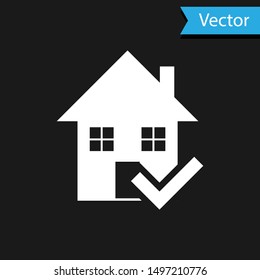 White House with check mark icon isolated on black background. Real estate agency or cottage town elite class.  Vector Illustration
