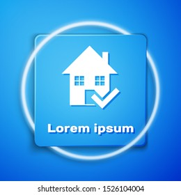 White House with check mark icon isolated on blue background. Real estate agency or cottage town elite class. Blue square button. Vector Illustration