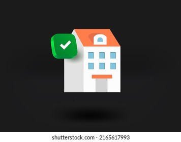 White house with checkmark icon. 3d vector illustration
