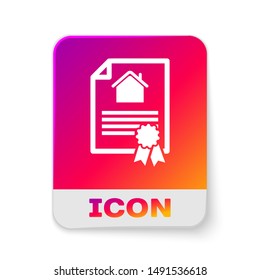 White House contract icon isolated on white background. Contract creation service, document formation, application form composition. Rectangle color button. Vector Illustration