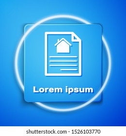 White House contract icon isolated on blue background. Contract creation service, document formation, application form composition. Blue square button. Vector Illustration