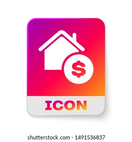 White House with dollar symbol icon isolated on white background. Home and money. Real estate concept. Rectangle color button. Vector Illustration