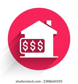 White House with dollar symbol icon isolated with long shadow background. Home and money. Real estate concept. Red circle button. Vector