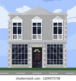 White house facade architecture Vector. Store or boutique front with big windows. Shop facade. Office rentals. Vector detailed illustrations