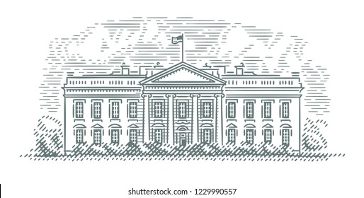 White House facade engraving style illustration. Vector. Building, sky and shadow on building in separate layers accordingly. 