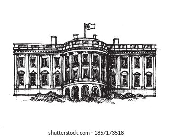 White House facade exterior vector hand drawn black and white illustration 