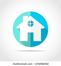 White house in flat design with long shadow. Vector illustration. Simple house icon on blue round button.