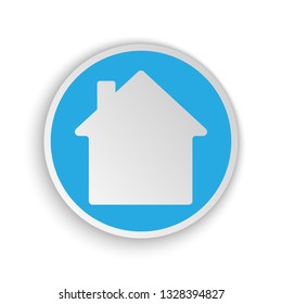White house in flat design with shadow. Vector illustration. Simple house icon on blue round button.