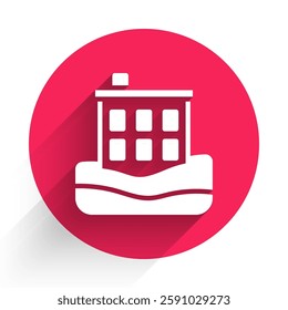 White House flood icon isolated with long shadow. Home flooding under water. Insurance concept. Security, safety, protection, protect concept. Red circle button. Vector