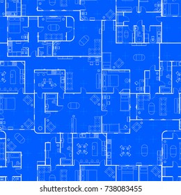 White House Floor Plan With Interior Details On Construction Blueprint Scheme, Seamless Pattern