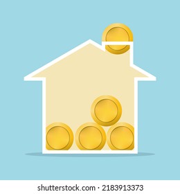 White house with golden coins money saving bank investment on blue background vector design.
