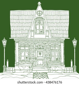 White house Hand-drawn, retro, doodle, vector. The best for design, textiles, coloring book in vector. Perfect for invitations or announcements.
