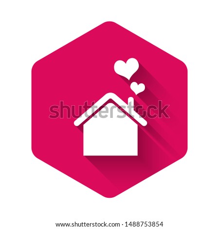 White House with heart shape icon isolated with long shadow. Love home symbol. Family, real estate and realty. Pink hexagon button. Vector Illustration