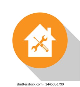 White House or home with screwdriver and wrench icon isolated on white background. Adjusting, service, setting, maintenance, repair, fixing. Orange circle button. Vector Illustration