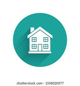 White House icon isolated with long shadow. Home symbol. Green circle button. Vector Illustration