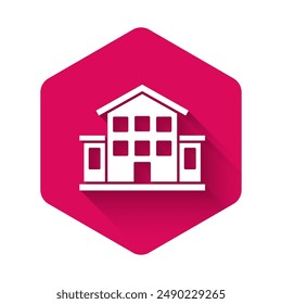 White House icon isolated with long shadow background. Home symbol. Pink hexagon button. Vector