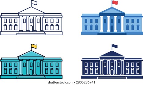 The White House illustration, Washington DC government building icon, American presidential residence monument, US political landmark flat clipart