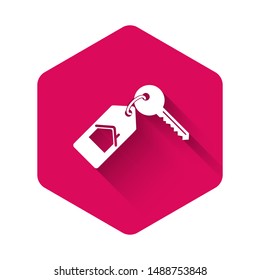 White House with key icon isolated with long shadow. The concept of the house turnkey. Pink hexagon button. Vector Illustration