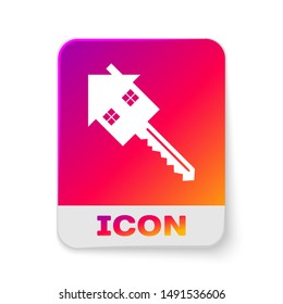 White House with key icon isolated on white background. The concept of the house turnkey. Rectangle color button. Vector Illustration