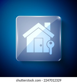 White House with key icon isolated on blue background. The concept of the house turnkey. Square glass panels. Vector Illustration