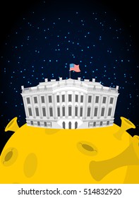 White house in moon. US President Residence in space. American National Palace flies. Government building connected to future state. Fantastic main attraction washington dc