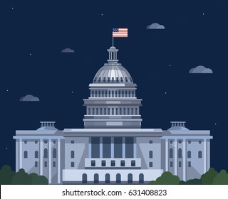 White house at night. vector flat illustration. Washington DC. icon