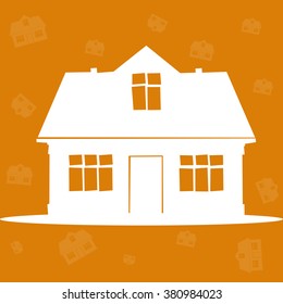 white house on the orange background with a lot of falling houses on the back