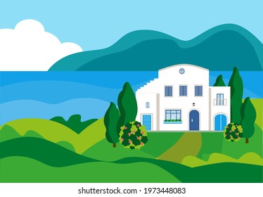 White house on the seashore. Summer sea landscape. Vector illustration in flat style.