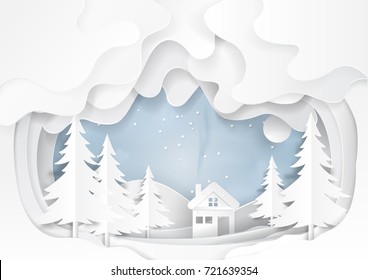 White House On Snow Winter Background.For Merry Christmas And Happy New Year Paper Art Style.Vector Illustration.