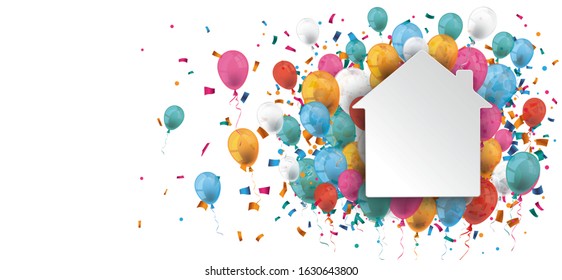 White house paper with colored confetti and balloons on the white background. Eps 10 vector file.