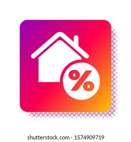 White House with percant discount tag icon isolated on white background. House percentage sign price. Real estate home. Credit percentage symbol. Square color button. Vector Illustration