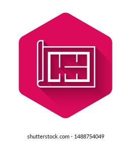 White House plan icon isolated with long shadow. Pink hexagon button. Vector Illustration