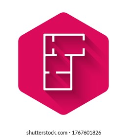 White House plan icon isolated with long shadow. Pink hexagon button. Vector