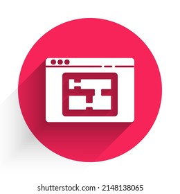 White House plan icon isolated with long shadow. Red circle button. Vector Illustration