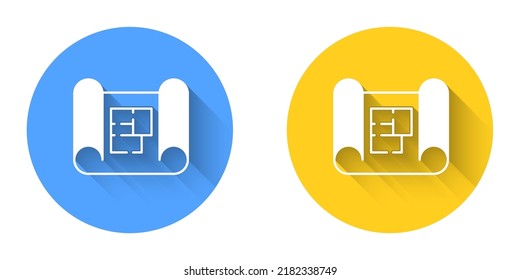 White House Plan Icon Isolated With Long Shadow Background. Circle Button. Vector