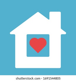 White house with red heart shape inside it on blue background. Stay home, covid-19 coronavirus pandemic and self isolation concept. Flat design. Vector illustration. No gradients, no transparency