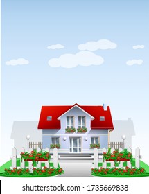 white house with red roof and white cartoon wooden fence with  garden flowers in hanging pots. 