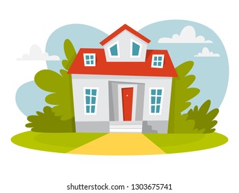 White house with red roof and trees around. City cottage building. Modern apartment. Urban architecture. Isolated flat vector illustration