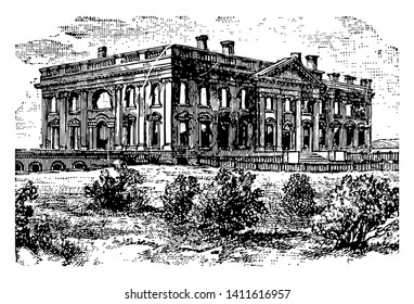 White house ruins after conflagration of august 1814 vintage line drawing.