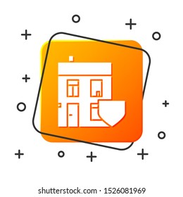 White House with shield icon isolated on white background. Insurance concept. Security, safety, protection, protect concept. Orange square button. Vector Illustration