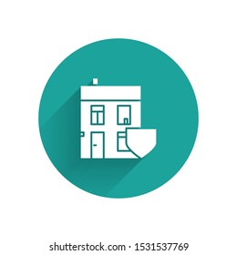 White House with shield icon isolated with long shadow. Insurance concept. Security, safety, protection, protect concept. Green circle button. Vector Illustration