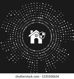 White House with shield icon isolated on grey background. Insurance concept. Security, safety, protection, protect concept. Abstract circle random dots. Vector Illustration