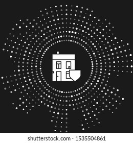 White House with shield icon isolated on grey background. Insurance concept. Security, safety, protection, protect concept. Abstract circle random dots. Vector Illustration
