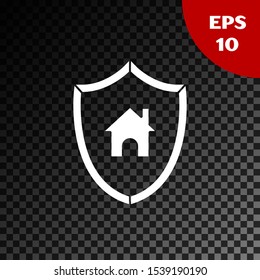 White House with shield icon isolated on transparent dark background. Insurance concept. Security, safety, protection, protect concept.  Vector Illustration