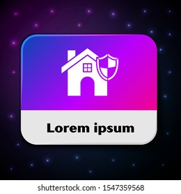 White House with shield icon isolated on black background. Insurance concept. Security, safety, protection, protect concept. Rectangle color button. Vector Illustration