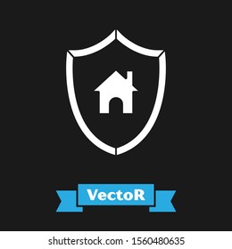 White House with shield icon isolated on black background. Insurance concept. Security, safety, protection, protect concept.  Vector Illustration