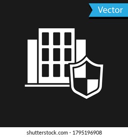 White House with shield icon isolated on black background. Insurance concept. Security, safety, protection, protect concept. Vector.